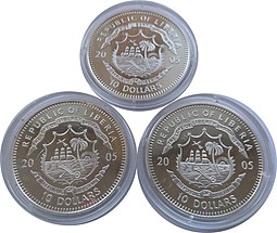 Набор 3 монеты 10 долларов 2005 Ядовитые лягушки Либерия