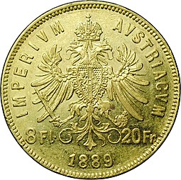 Монета 8 флоринов - 20 франков 1889 Австро-Венгрия
