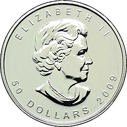 Монета 50 долларов 2009 Кленовый лист платина Канада