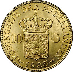 Монета 10 гульденов 1925 Нидерланды