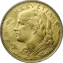 Монета 10 франков 1922 B Швейцария