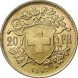 Монета 20 франков 1947 B Швейцария