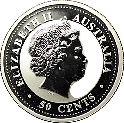 Монета 50 центов 2005 Год петуха Лунар цветная Австралия