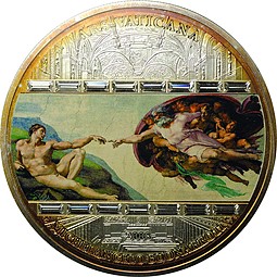 Монета 20 долларов 2008 Микеланджело Cотворение Адама Шедевры Искусства Острова Кука