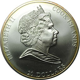 Монета 20 долларов 2008 Микеланджело Cотворение Адама Шедевры Искусства Острова Кука