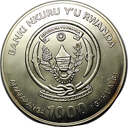 Монета 1000 франков 2009 Год Быка Руанда