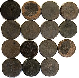 Лот 15 монет 5 копеек 1764-1782 ЕМ Екатерины II