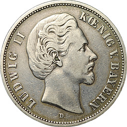 Монета 5 марок 1876 D Бавария Германия