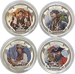 Набор 4 монеты 2 доллара 2011 Пираты Карибского моря Ниуэ (в футляре)