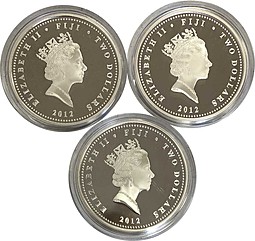 Набор 3 монеты 2 доллара 2012 Александр 3, Коронация, Царская семья Романовых Фиджи