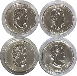 Набор 4 монеты 5 долларов 2007 Кленовый лист Времена года цветные Канада