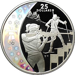 Монета 25 долларов 2007 Биатлон Олимпиада Ванкувер 2010 Канада