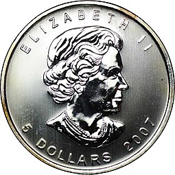 Монета 5 долларов 2007 Кленовый лист позолота Канада