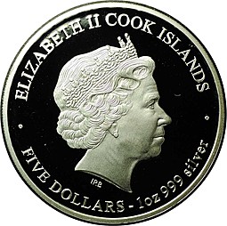 Монета 5 долларов 2013 Год Змеи - Розы Острова Кука