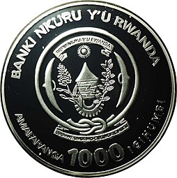 Монета 1000 франков 2010 Жираф Руанда