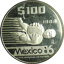 Монета 100 песо 1986 Чемпионат мира по футболу Мехико - Вратарь Мексика