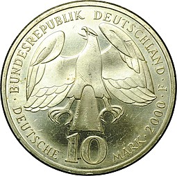 Монета 10 марок 2000 F Иоганн Себастьян Бах 250 лет со дня смерти Германия