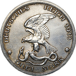 Монета 3 марки 1913 100 лет победы над Наполеоном Франция (толпа) Пруссия Германия