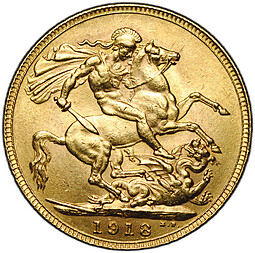 Монета 1 соверен (фунт) 1918 I Бомбей Индия Великобритания слаб CPRC MS 61