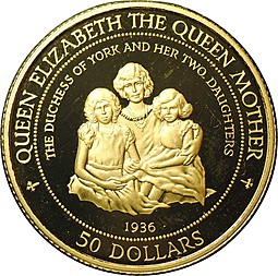 Монета 50 долларов 1995 Королева-мать Елизавета 1936 Острова Кука