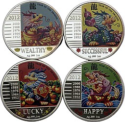 Набор 240 франков 2012 Год Дракона Конго - Успех, Удача, Счастье, Богатство 4 монеты 