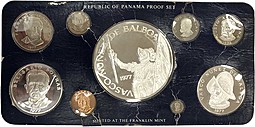 Набор монет 1, 5, 10, 50 сентесимо 1, 2 1/2, 5, 20 бальбоа 1977 PROOF Панама