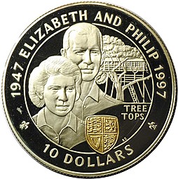 Монета 10 долларов 1997 50 лет свадьбе Королевы Елизаветы II и Принца Филиппа Фиджи