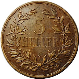 Монета 5 геллеров 1908 J Германская Восточная Африка