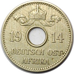 Монета 5 геллеров 1914 J Германская Восточная Африка