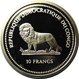 Монета 10 франков 2003 Хамелеон, цветная Конго