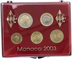 Набор монет 10, 20, 50 центов и 1, 2 евро 2003 Монако