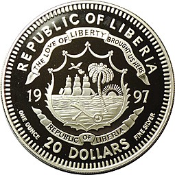 Монета 20 долларов 1997 Год быка - влево обернувшись Либерия