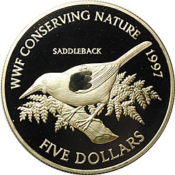 Монета 5 долларов 1997 WWF Тико - Седлоспинная гуйя серебро Новая Зеландия