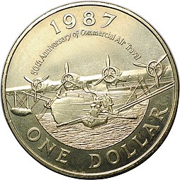 Монета 1 доллар 1987 50 лет коммерческой авиации Бермудские Острова
