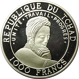 Монета 1000 франков 1999 Галилео Галилей Республика Чад