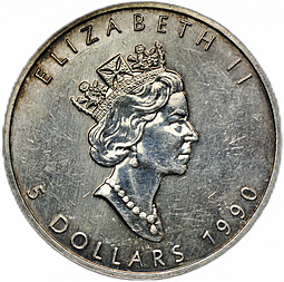 Монета 5 долларов 1990 Кленовый лист Канада