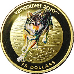 Монета 75 долларов 2009 Олимпиада Ванкувер 2010 - Волк Канада