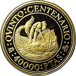 Монета 40000 песет 1989 500 лет открытию Америки Испания