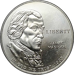 Монета 1 доллар 1993 D Джеймс Мэдисон Билль о правах США