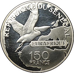 Монета 150 франков 1975 Леопольд Седар Сенгор Пеликан PROOF Сенегал