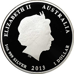 Монета 1 доллар 2013 Год Змеи Лунар 2 Цветная зеленая Австралия