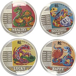 Набор 240 франков 2013 Год Змеи Конго - Успех, Удача, Счастье, Богатство (в футляре с сертификатами) 4 монеты