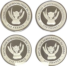 Набор 240 франков 2013 Год Змеи Конго - Успех, Удача, Счастье, Богатство (в футляре с сертификатами) 4 монеты