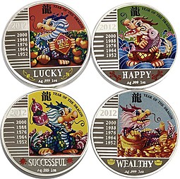 Набор 240 франков 2012 Год Дракона Конго - Успех, Удача, Счастье, Богатство (в футляре с сертификатами) 4 монеты 