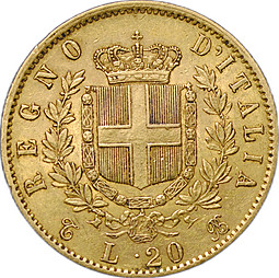 Монета 20 лир 1863 Италия