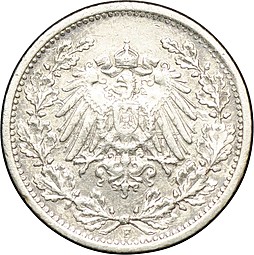 Монета 1/2 марки 1915 F Германия