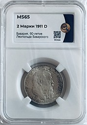 Монета 2 марки 1911 D 90 лет со дня рождения Луитпольда Баварского Бавария Германия слаб ННР MS 65