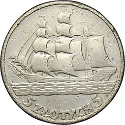 Монета 5 злотых 1936 15 лет порту Гдыня Парусник Польша
