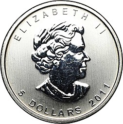 Монета 5 долларов 2011 Кленовый лист Канада