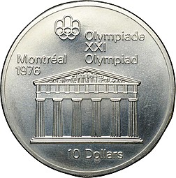 Монета 10 долларов 1974 Храм Зевса Олимпиада Монреаль 1976 Канада